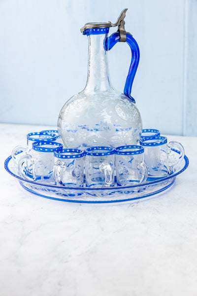 Antique Bohemian Glass Etched Liqueur Set - 13 Pieces