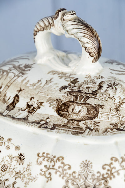 Antique Brown Transferware Tureen
