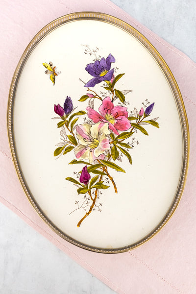 Antique Ceramic & Metal Floral Gallery Tray