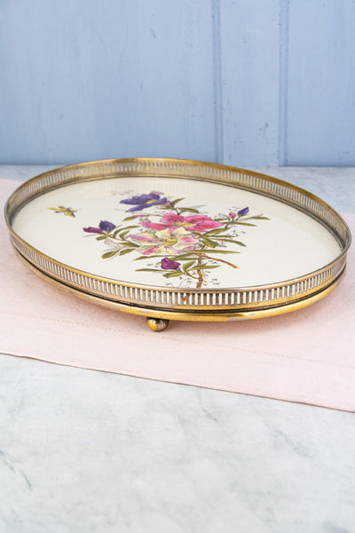 Antique Ceramic & Metal Floral Gallery Tray