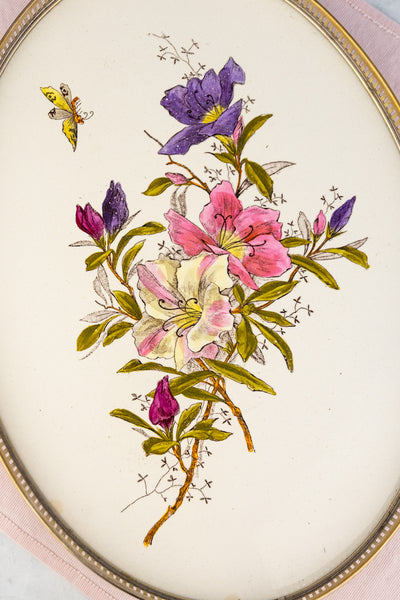 Antique Ceramic & Metal Floral Gallery Tray