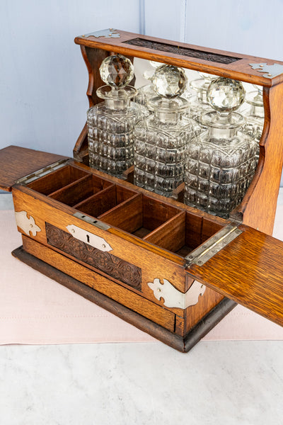 Antique Edwardian Crystal Decanter Tantalus with Tobacco & Games Chest