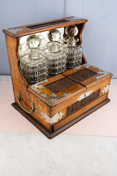 Antique Edwardian Crystal Decanter Tantalus with Tobacco & Games Chest