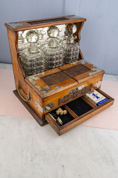 Antique Edwardian Crystal Decanter Tantalus with Tobacco & Games Chest