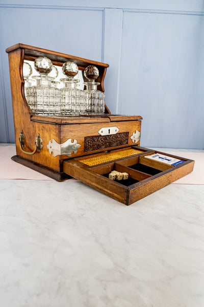 Antique Edwardian Crystal Decanter Tantalus with Tobacco & Games Chest