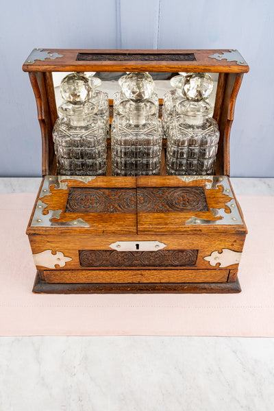 Antique Edwardian Crystal Decanter Tantalus with Tobacco & Games Chest