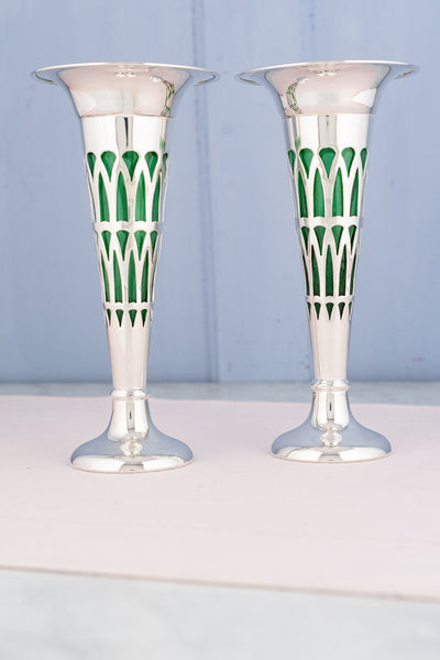 Antique Edwardian Silverplate and Green Glass Vase Pair