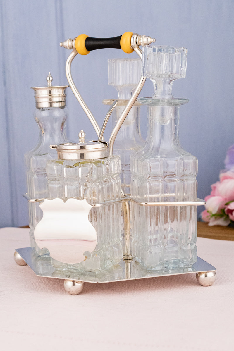 Antique English 4-Piece Silverplate & Glass Cruet Set