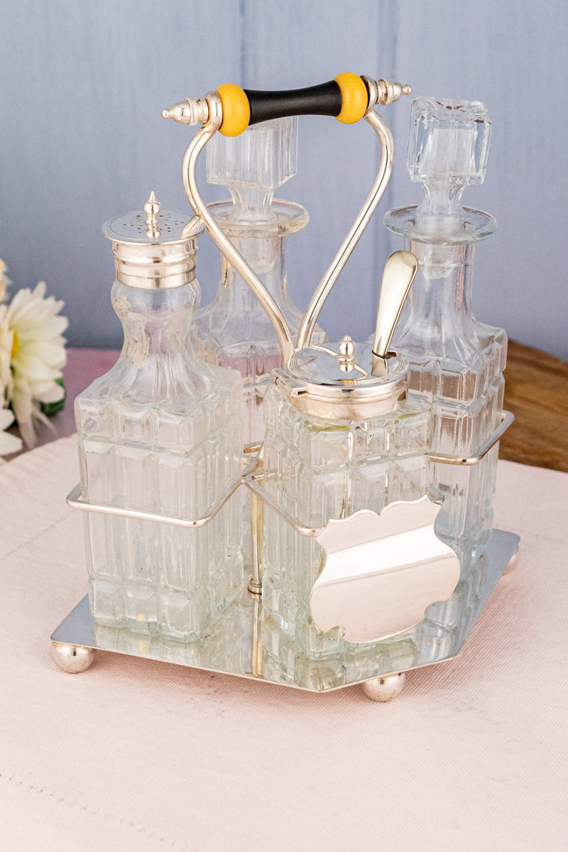 Antique English 4-Piece Silverplate & Glass Cruet Set