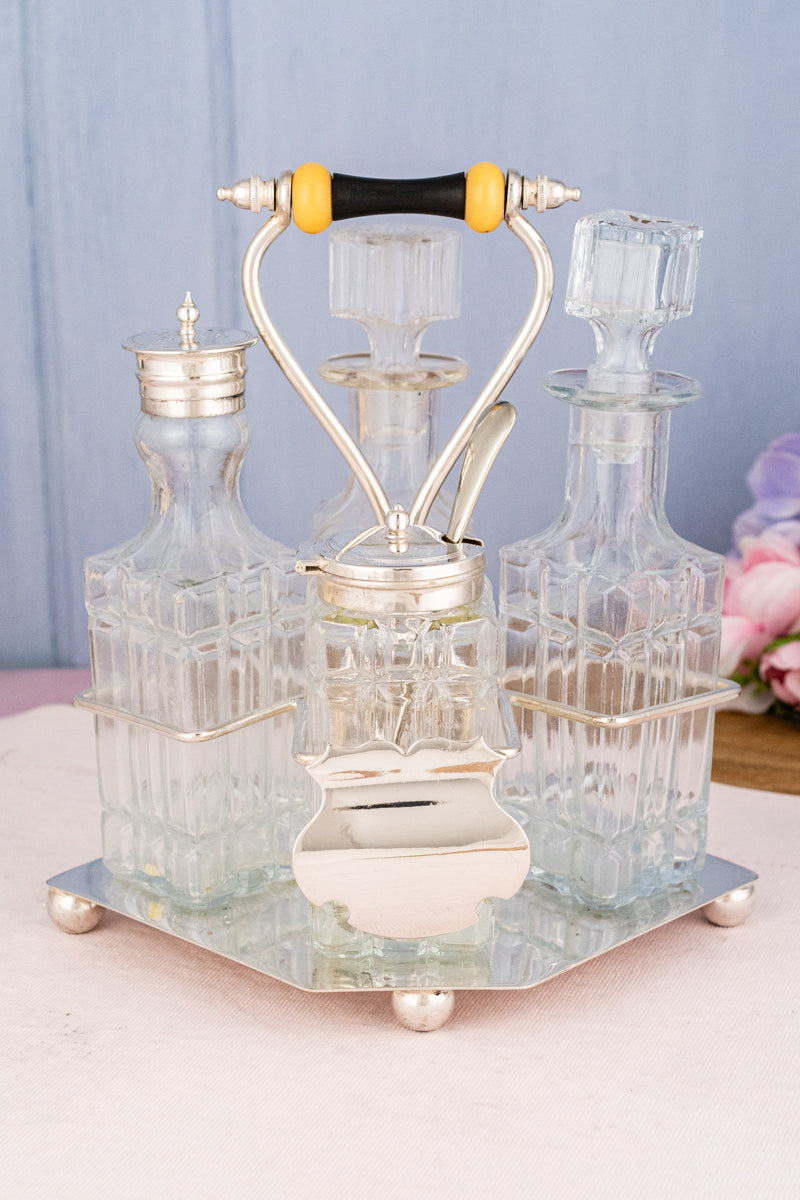 Antique English 4-Piece Silverplate & Glass Cruet Set