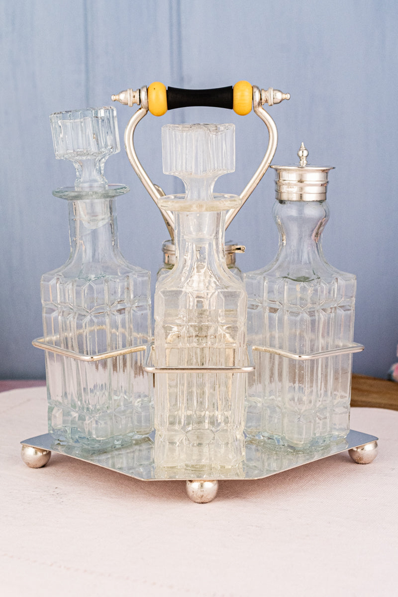 Antique English 4-Piece Silverplate & Glass Cruet Set
