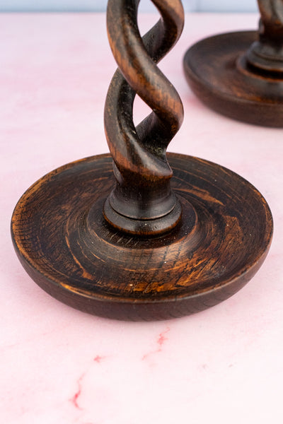 Antique English Barley Twist Wood Candlestick Pair