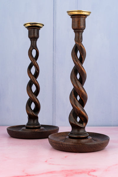 Antique English Barley Twist Wood Candlestick Pair