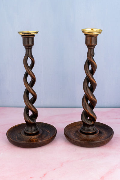Antique English Barley Twist Wood Candlestick Pair