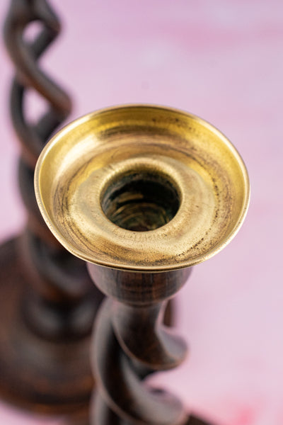 Antique English Barley Twist Wood Candlestick Pair