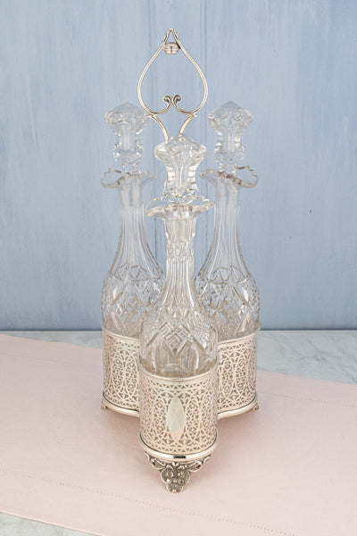 Antique English Silverplate & Cut Crystal Decanter Stand