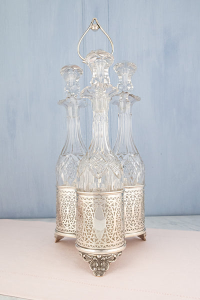 Antique English Silverplate & Cut Crystal Decanter Stand