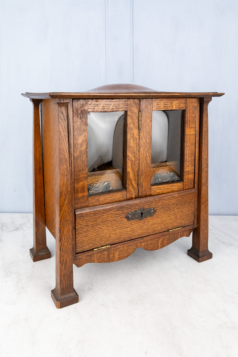 Antique English Oak & Beveled Glass Miniature Cabinet