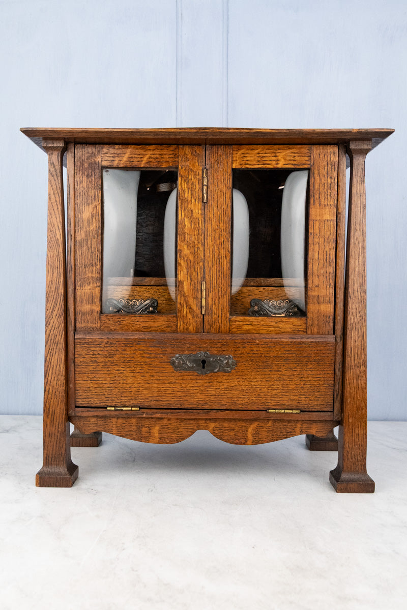 Antique English Oak & Beveled Glass Miniature Cabinet