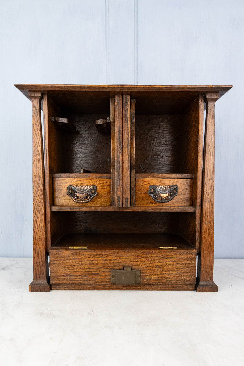 Antique English Oak & Beveled Glass Miniature Cabinet