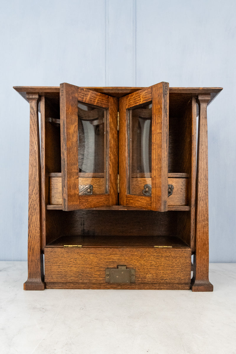 Antique English Oak & Beveled Glass Miniature Cabinet
