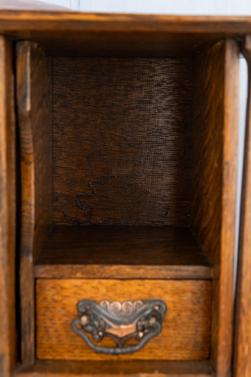 Antique English Oak & Beveled Glass Miniature Cabinet