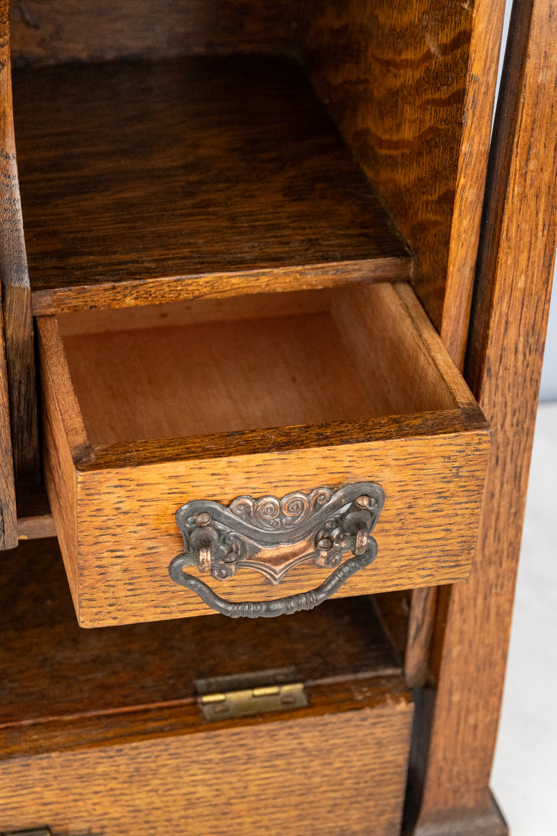 Antique English Oak & Beveled Glass Miniature Cabinet
