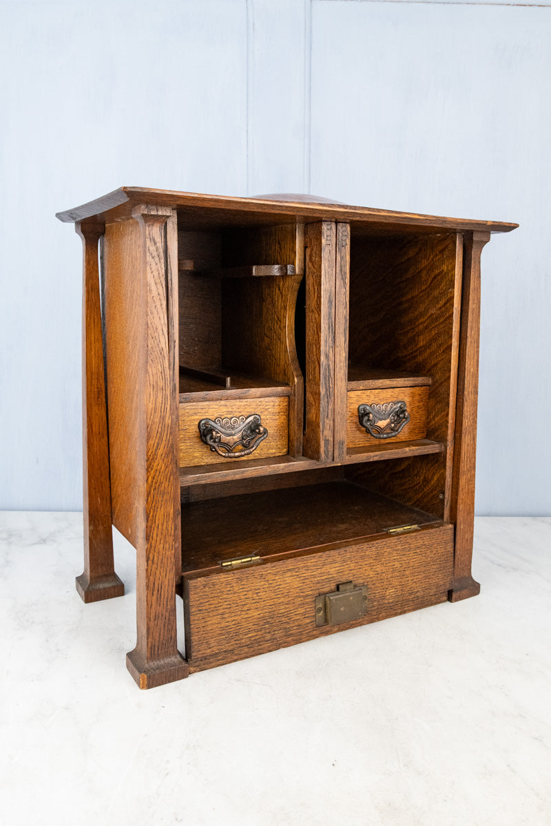 Antique English Oak & Beveled Glass Miniature Cabinet