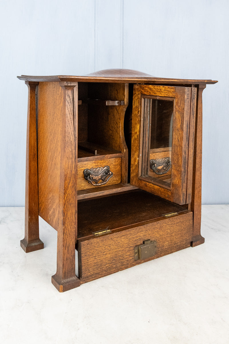 Antique English Oak & Beveled Glass Miniature Cabinet