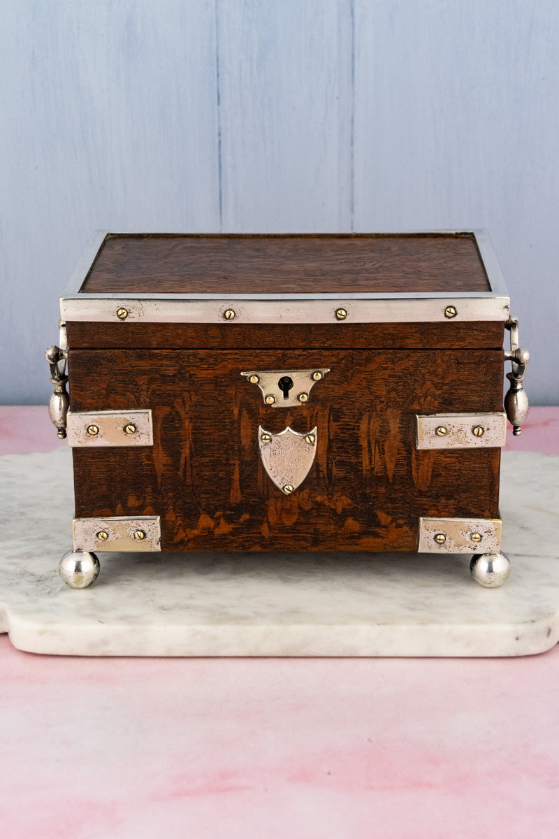 Antique English Oak & Silverplate Tea Caddy