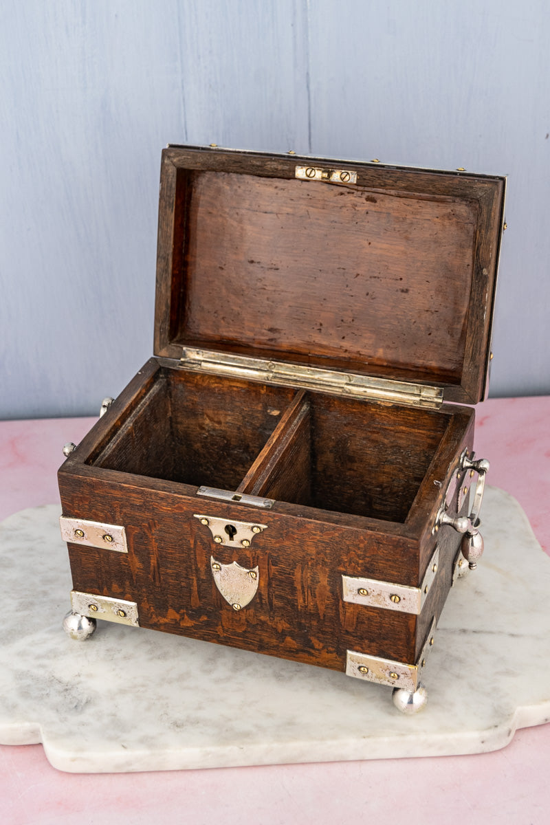 Antique English Oak & Silverplate Tea Caddy