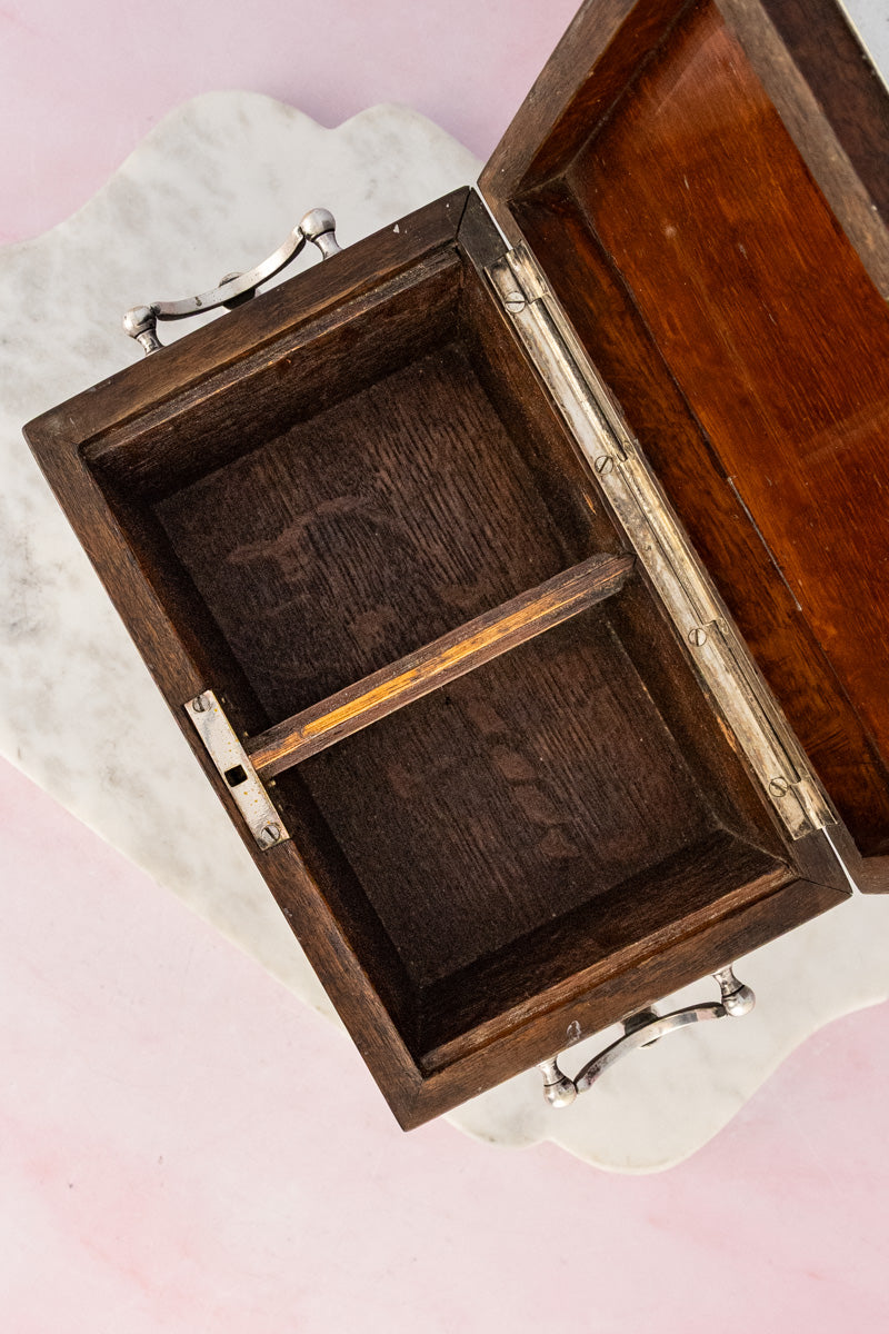 Antique English Oak & Silverplate Tea Caddy