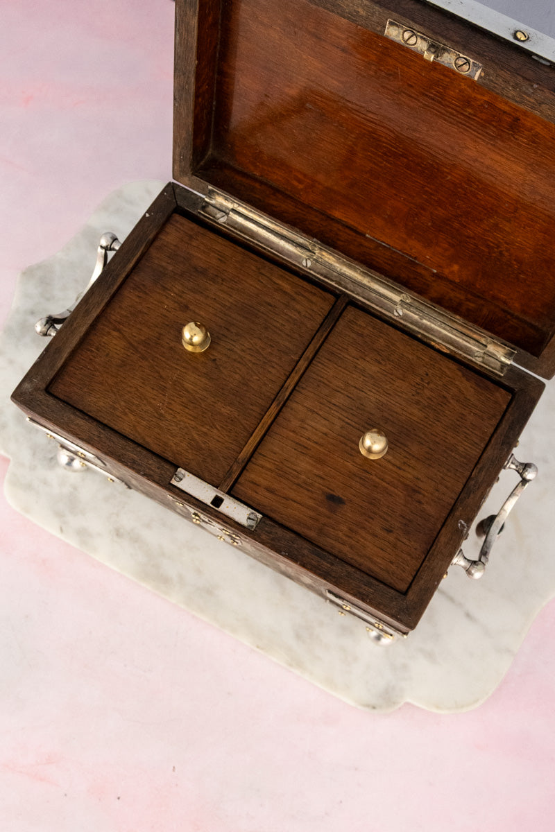 Antique English Oak & Silverplate Tea Caddy