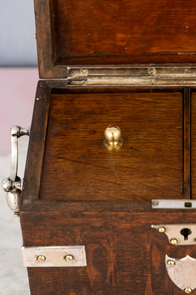 Antique English Oak & Silverplate Tea Caddy