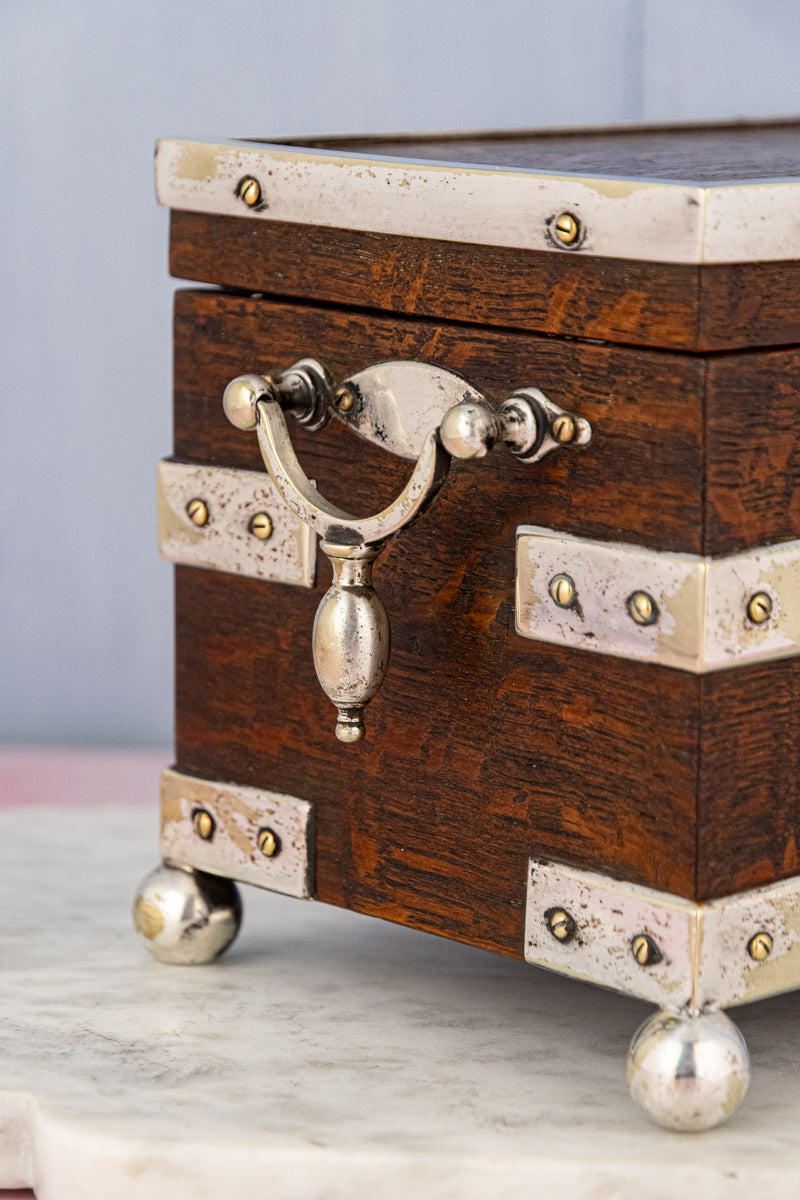 Antique English Oak & Silverplate Tea Caddy