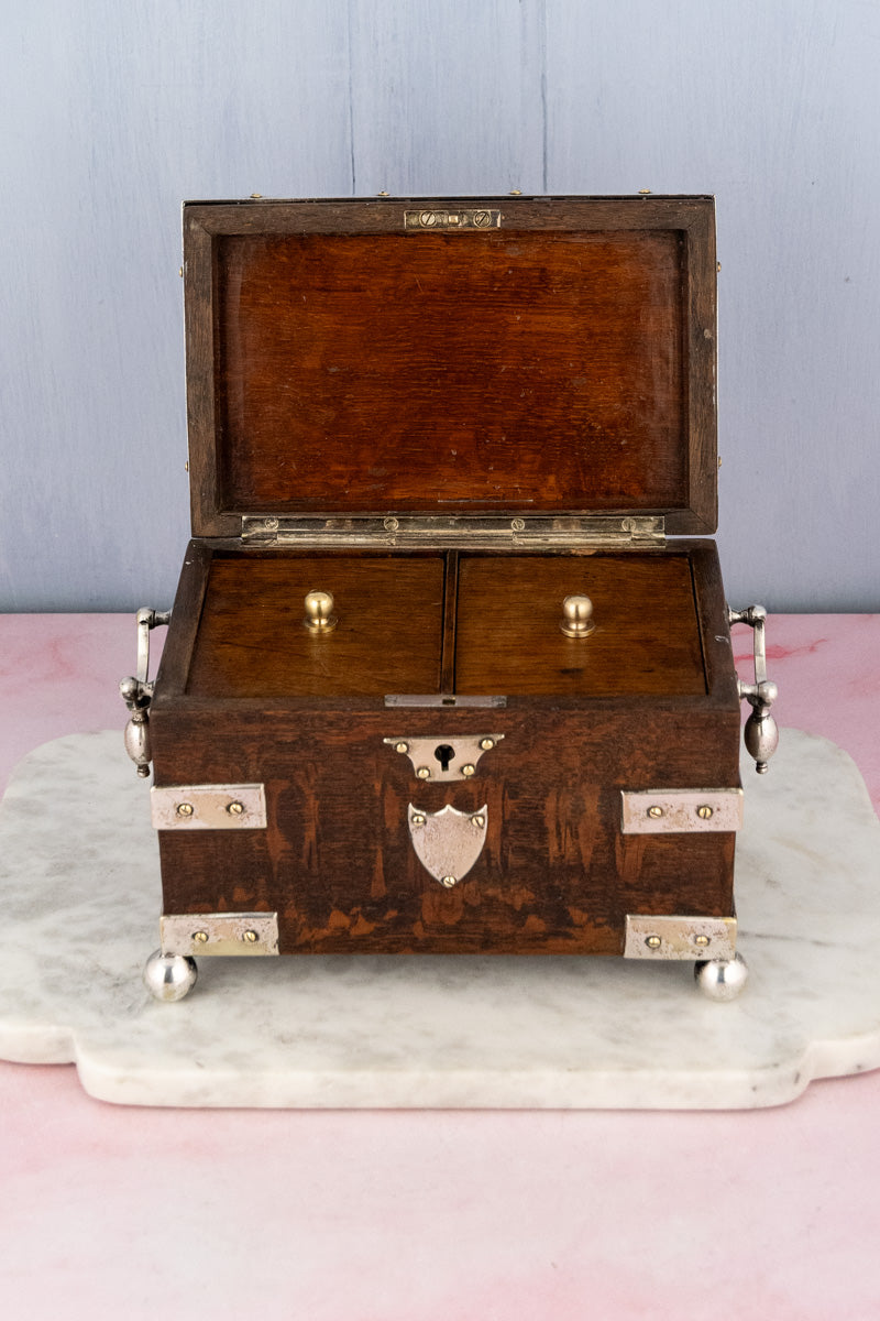 Antique English Oak & Silverplate Tea Caddy