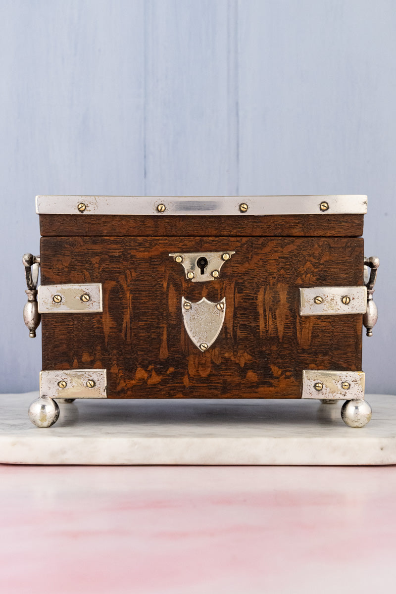 Antique English Oak & Silverplate Tea Caddy