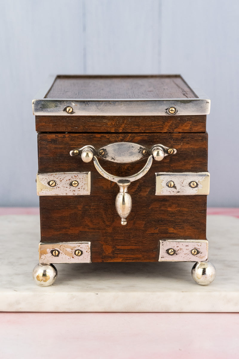 Antique English Oak & Silverplate Tea Caddy