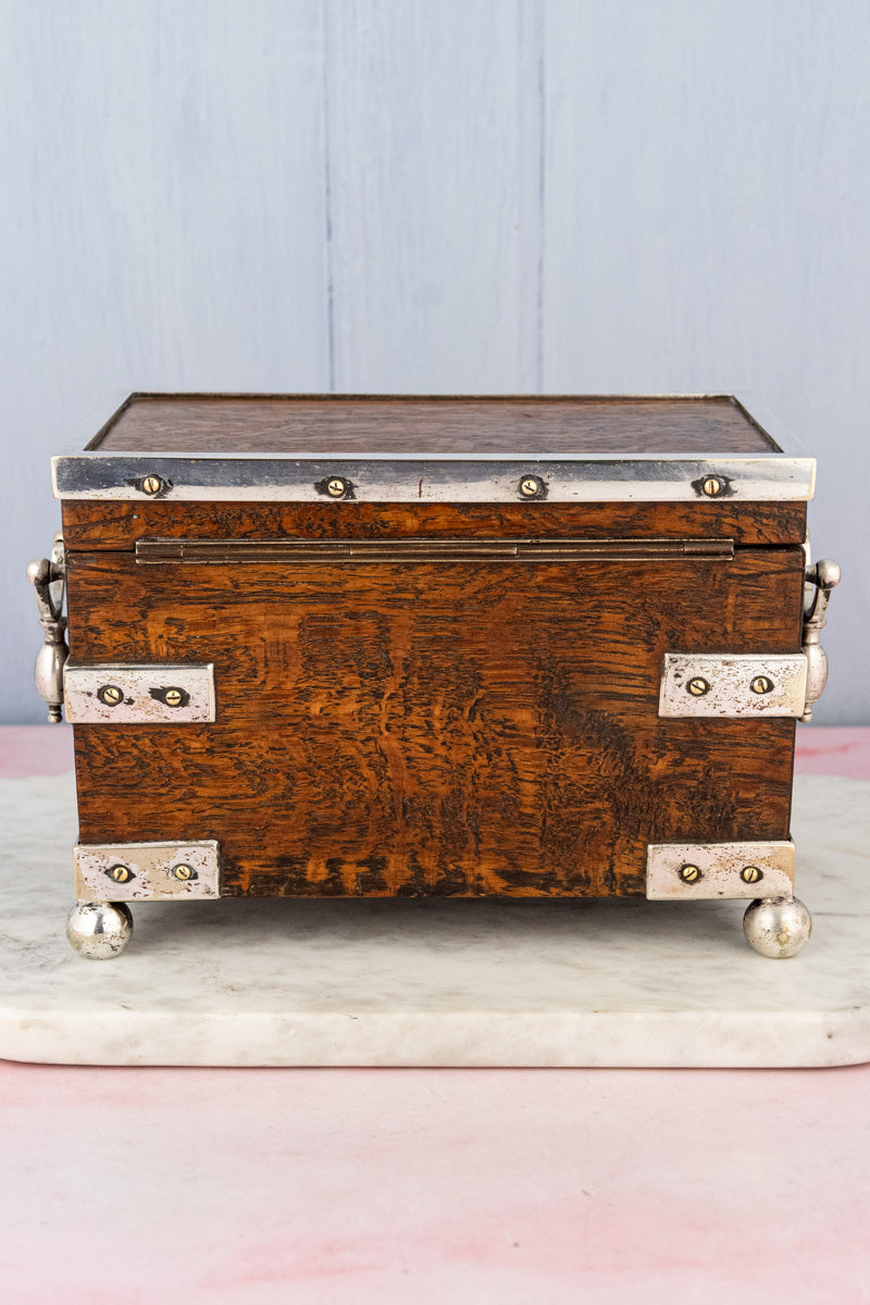 Antique English Oak & Silverplate Tea Caddy