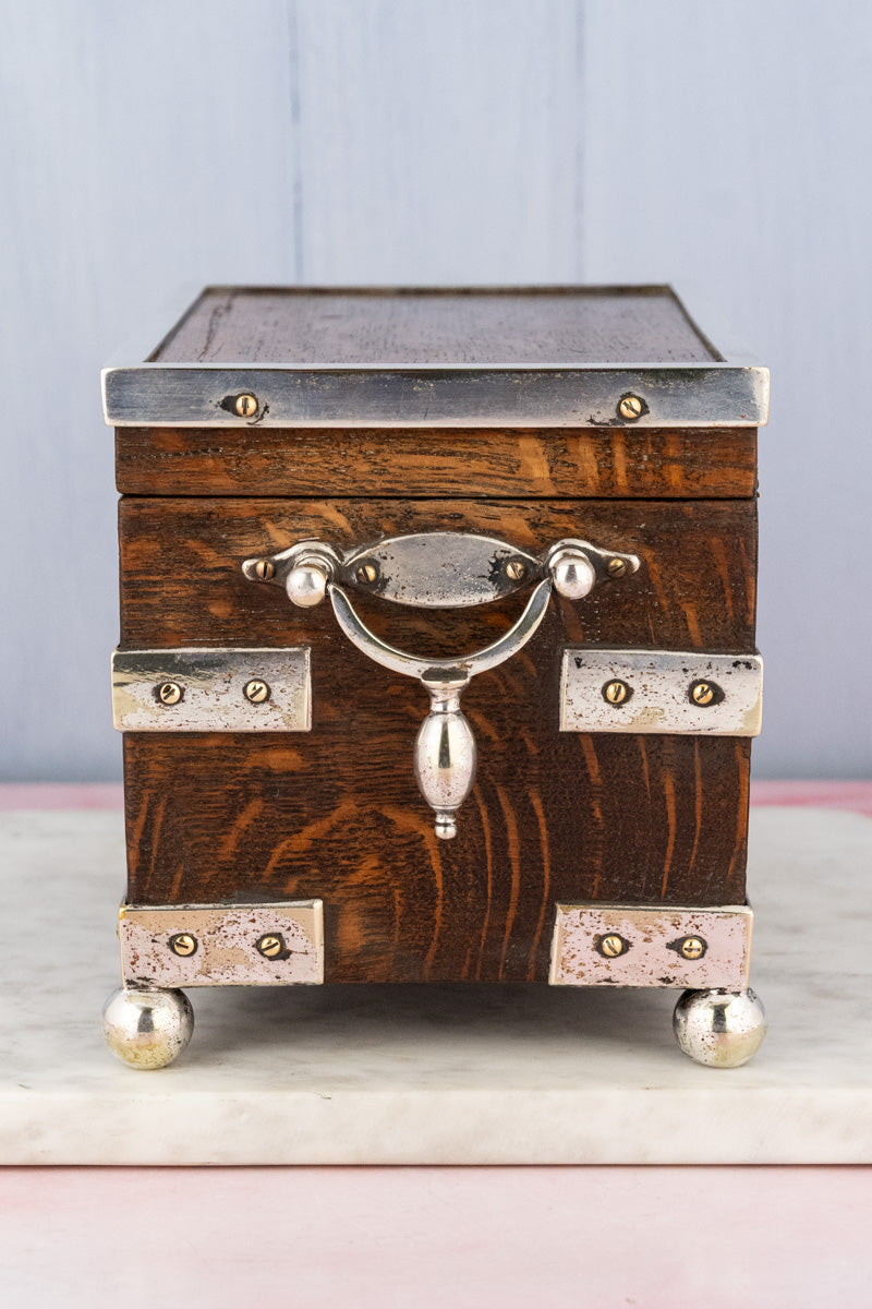 Antique English Oak & Silverplate Tea Caddy