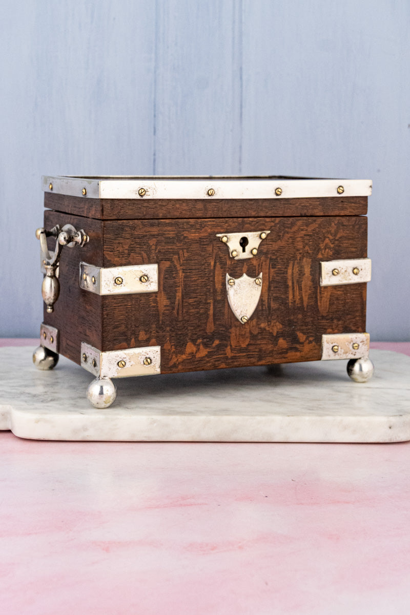 Antique English Oak & Silverplate Tea Caddy