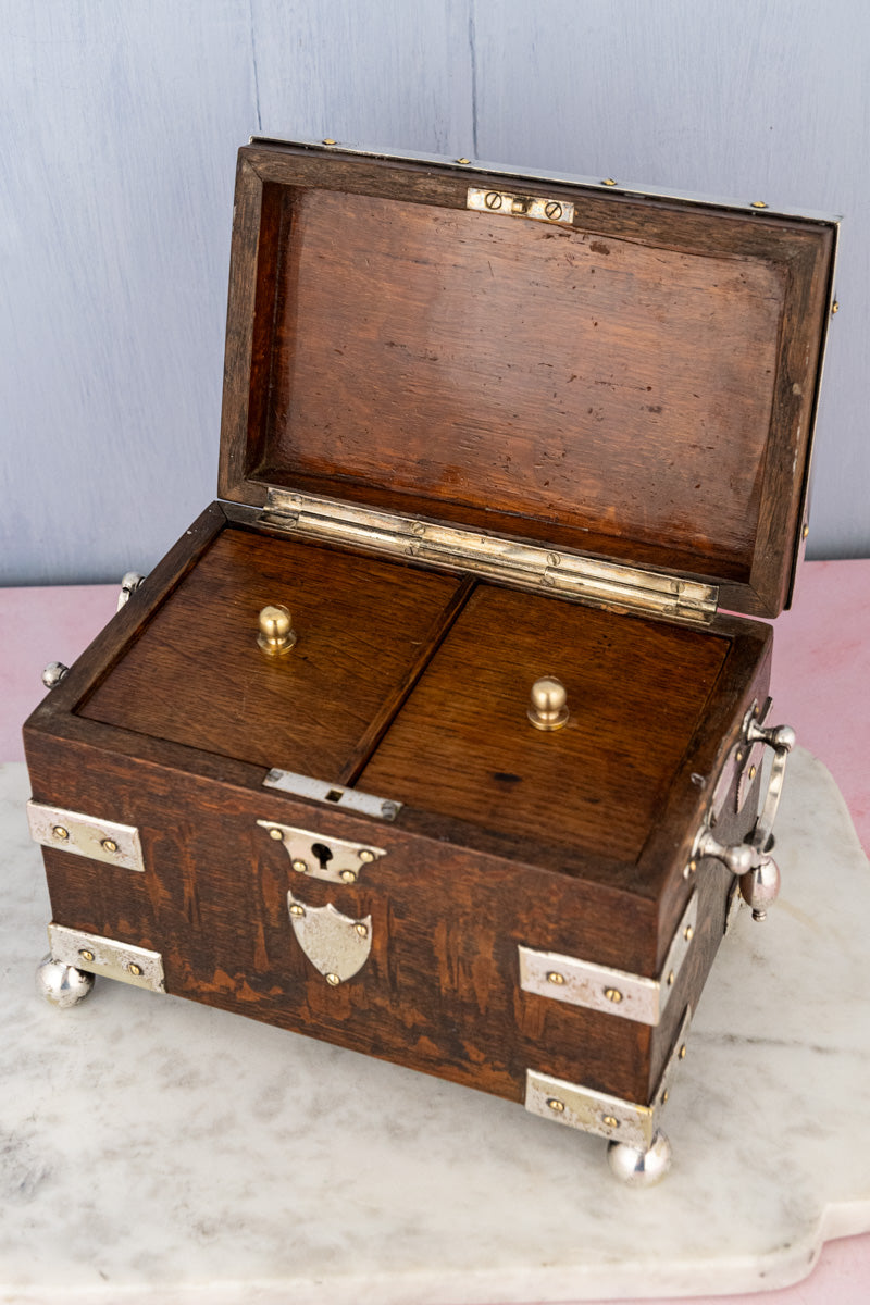 Antique English Oak & Silverplate Tea Caddy