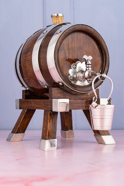 Antique English Oak and Silverplate Spirits Dispenser & Stand