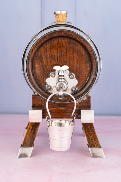 Antique English Oak and Silverplate Spirits Dispenser & Stand