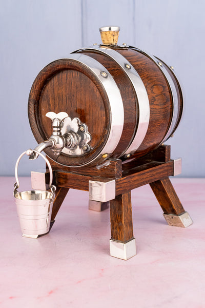 Antique English Oak and Silverplate Spirits Dispenser & Stand