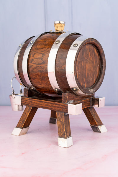 Antique English Oak and Silverplate Spirits Dispenser & Stand