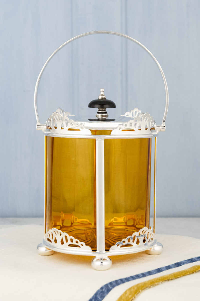Antique English Silverplate & Amber Glass Biscuit Barrel