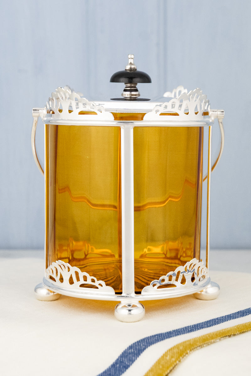 Antique English Silverplate & Amber Glass Biscuit Barrel