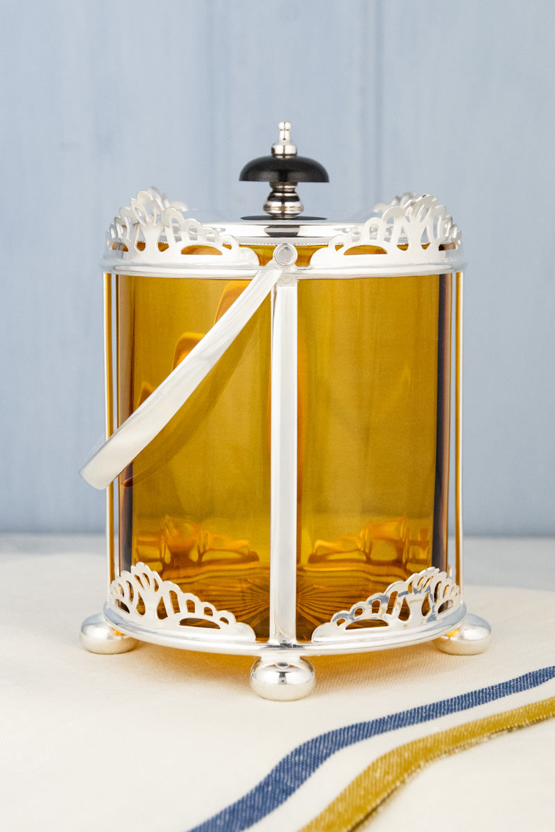 Antique English Silverplate & Amber Glass Biscuit Barrel