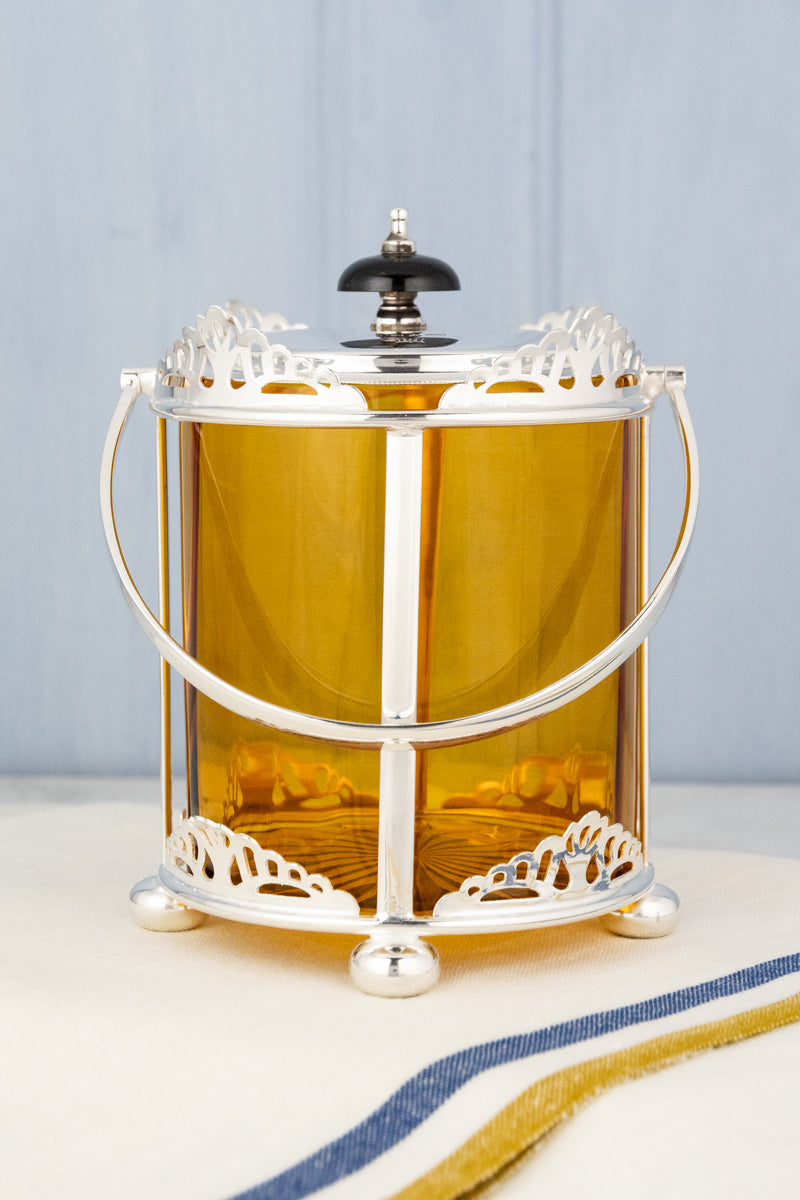Antique English Silverplate & Amber Glass Biscuit Barrel